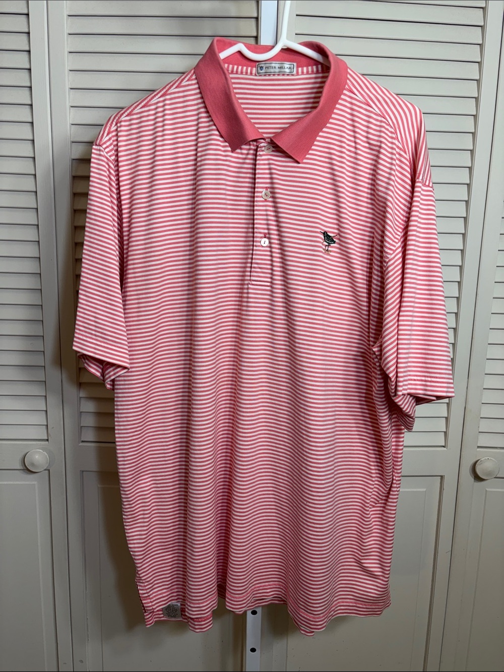 Peter Millar Men's Striped Coral Pink & White Striped Polo XL